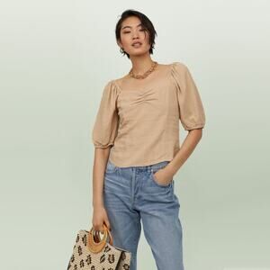 H&M Woven Linen-blend Tan Puff Sleeves Top Blouse